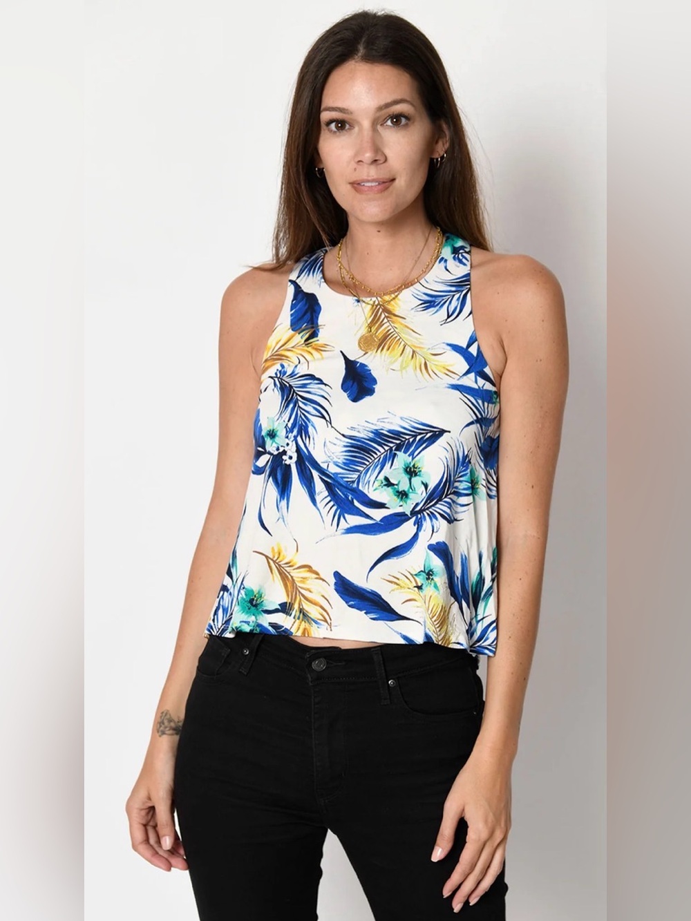 Tart Hallie Modal Tropical Repeat Sz L White Cropped Racerback Tank Blue Yellow